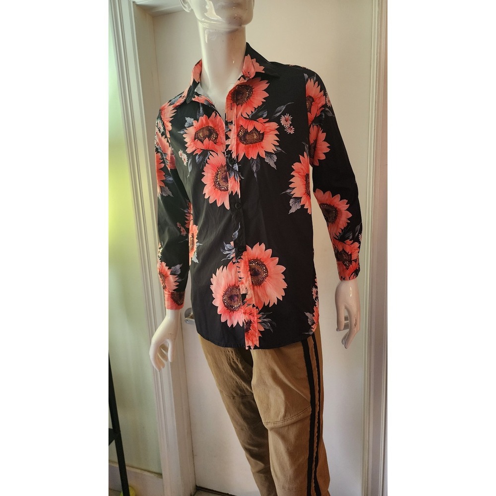 Men's Long Sleeve  A9 Floral Button Down Shirt Black Large